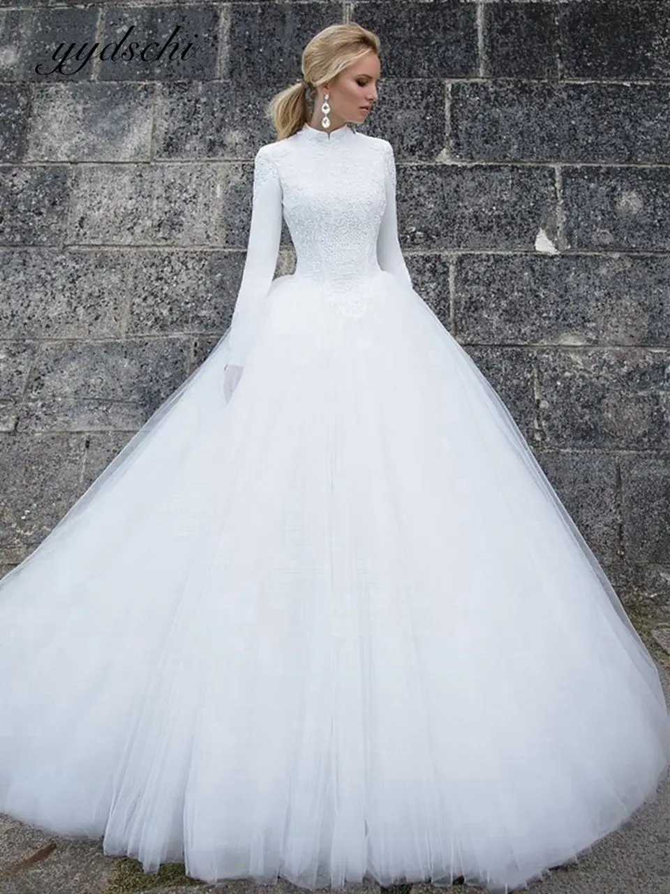 

2025 Muslim White Elegant Long Sleeve Wedding Dress A-Line Tulle High Neck Applique Bridal Gown Vestido De Novia For Women Train