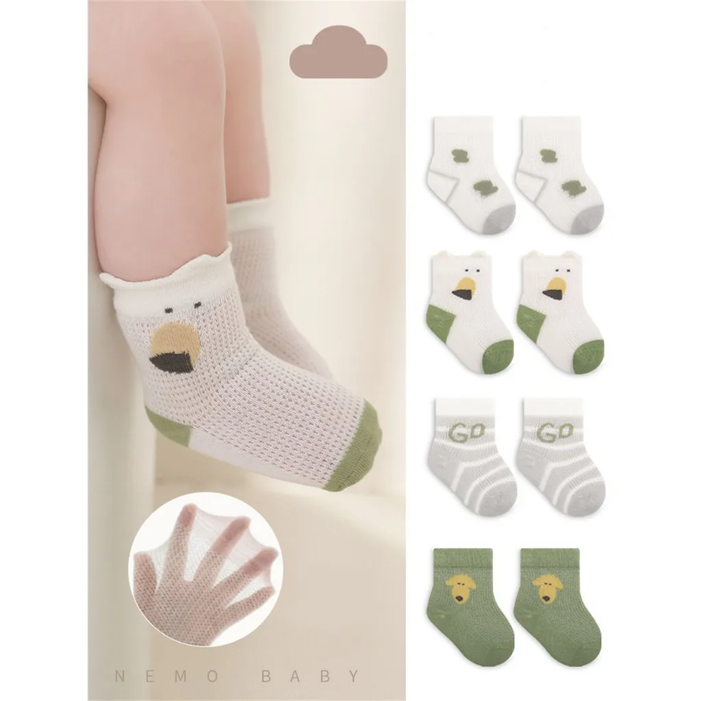 (4 Pairs) Summer Newborn Baby Socks Thin Section Mesh Breathable Baby Socks Cartoon Loose Mouth Boneless Cotton Socks