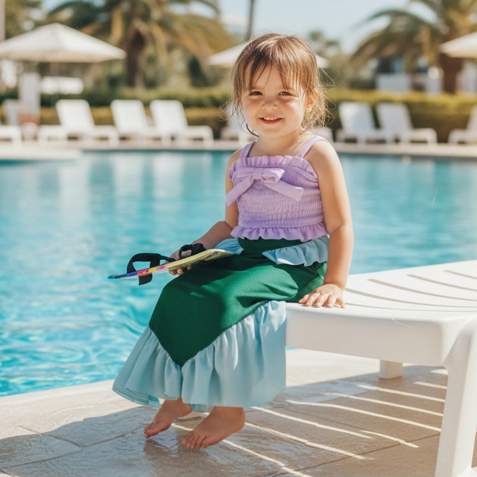 Toddler Kids Girls Swimsuit 3Pcs Set Ruffled Trim Smocked Spaghetti Strap Tops Shorts and Contrast Color Long Skirt