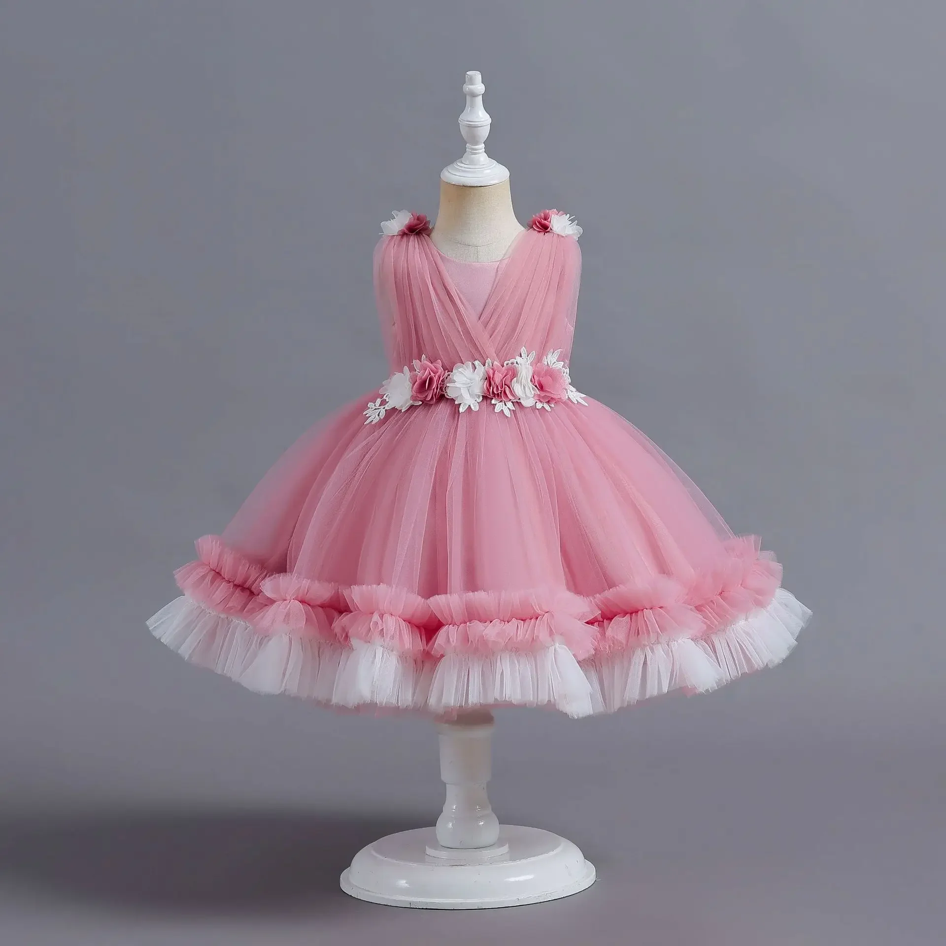 Baby Girl 1 Year Birthday Dress Layered Tulle Kids Girl Ball Gowns Elegant Toddler Clothes For Pageant Ceremony Party 0-4T