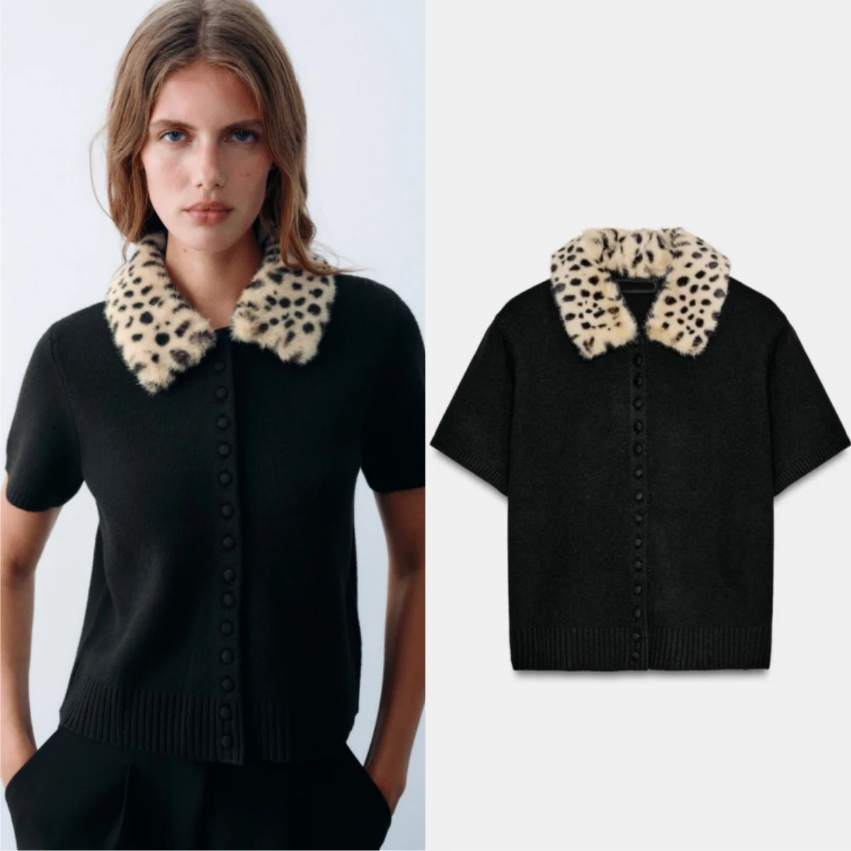 New Arrival Autumn 2026 Women's Knitted Jacket Short Sleeve Detachable Faux Fur Collar Open Cardigan Regular Length