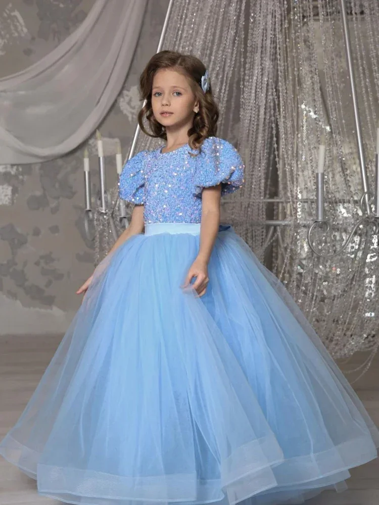 Blue Flower Girl Dresses Sequin Top Tulle Puffy Skirt With Bow Short Sleeve For Wedding Birthday Banquet First Communion Gowns