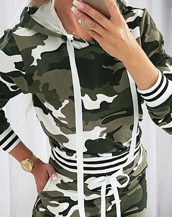 Camouflage Print Striped Hooded Sweatshirt & Sweatpants Set for Woman 2023 Autumn and Winter New Fashion Pants Suit Two Piece