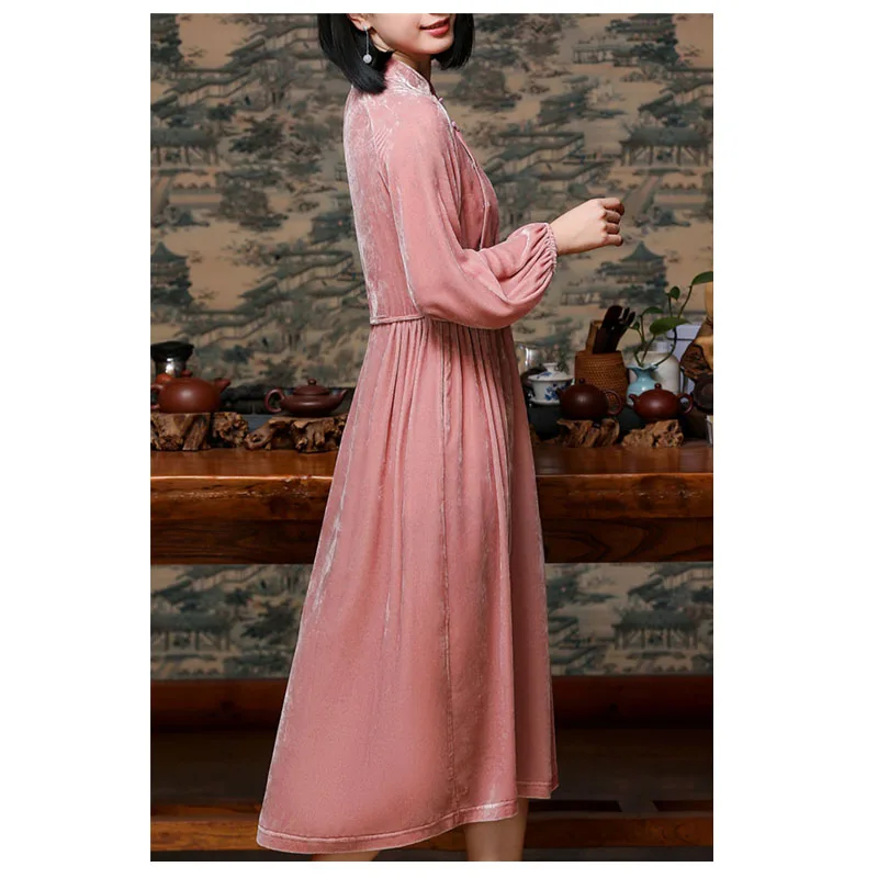 Fengbaoyu New Spring Silk Velvet Dress Chinese-style Improved Slim Dress Silkworm Silk Pink Waist Dress is Soft and Comfortable