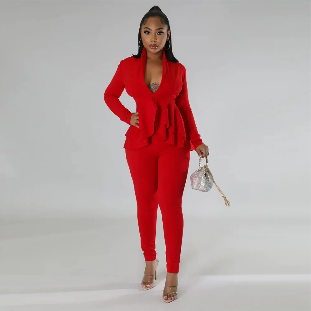 Fashion Ruffles Hem V-neck Long Sleeve T-shirt and Pants Suit Female Street Chic Two 2-częściowy strój damski dres