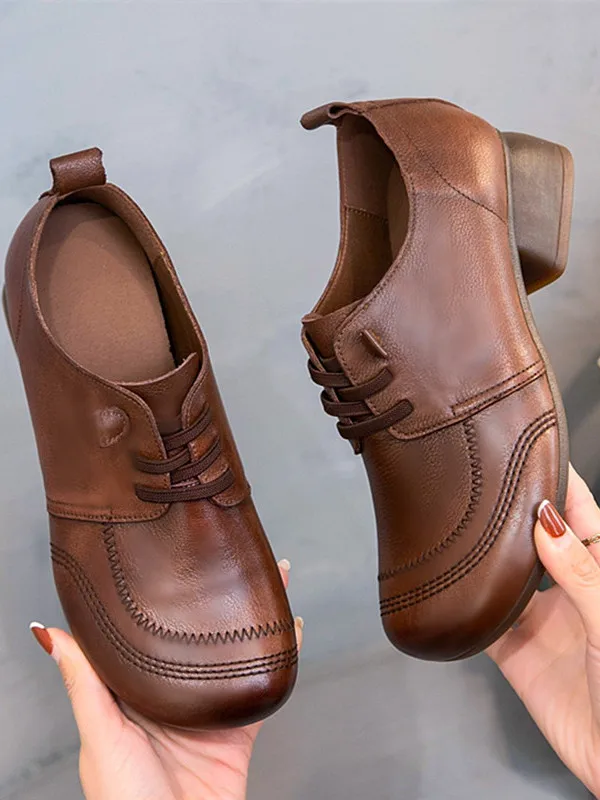 Leather Chunky Heel Single Shoes for Women Spring Autumn New Style Retro Ethnic British Style Low Heel Small Leather Shoes