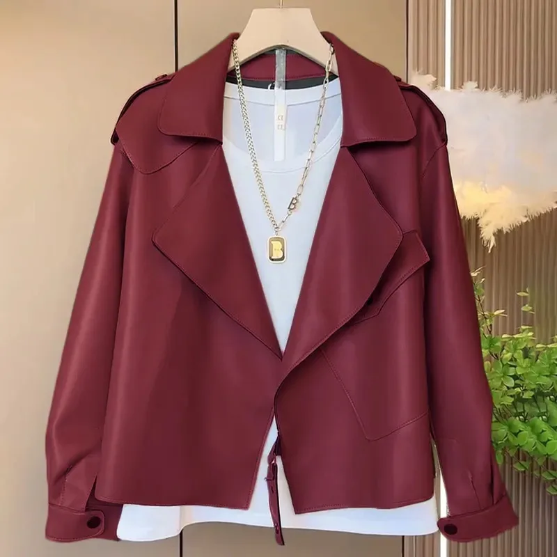 Veste en cuir PU pour femme, cardigan court à revers, vestes décontractées pour femme, manteau de moto coréen haut de gamme, mode printemps et