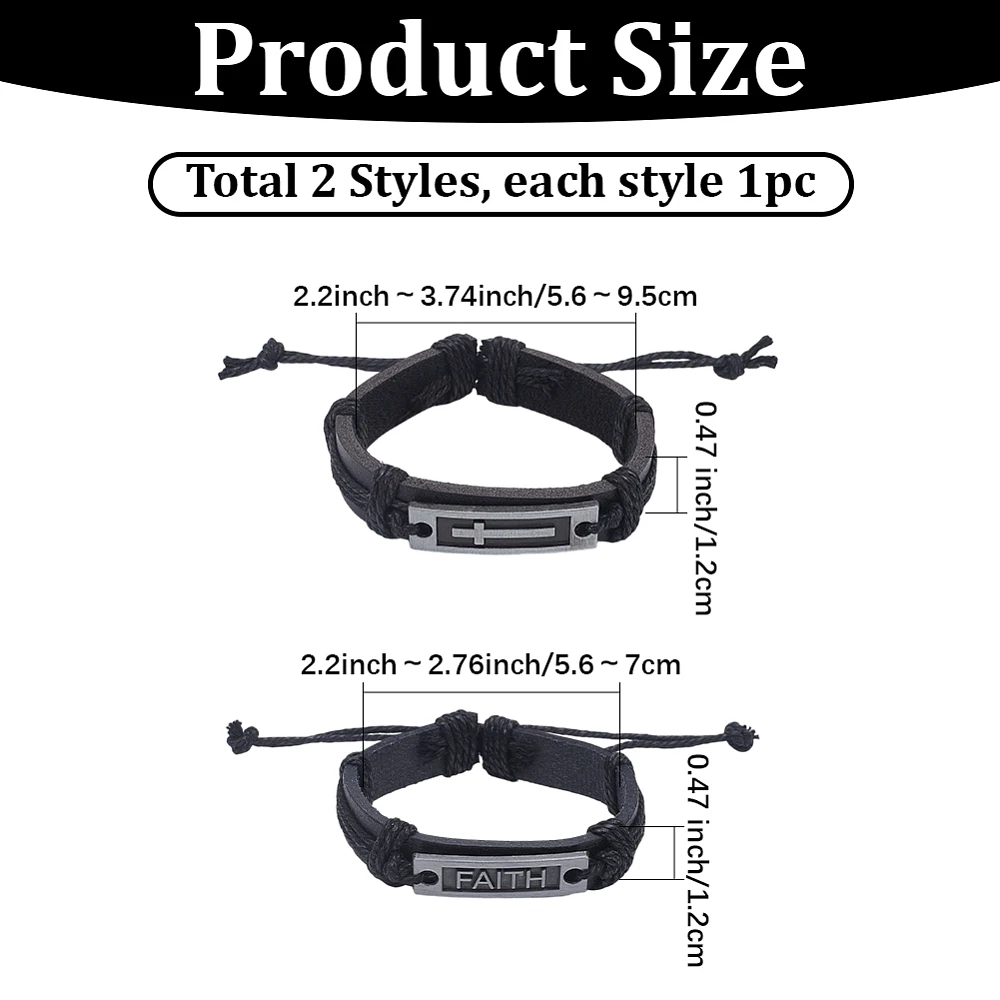 2 Styles PU Leather Wrap Bracelets Faith Word Strand Wristbands Adjustable Drawstring Leather Link Wrist Cuff Criss Bangle Set