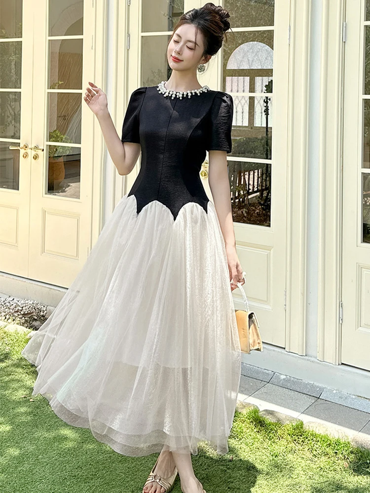 매력적인 우아한 흑백 이브닝 드레스 여성 진주 네크라인 시어 튤 가운 칵테일 파티 드레스 갈라스 사회 행사