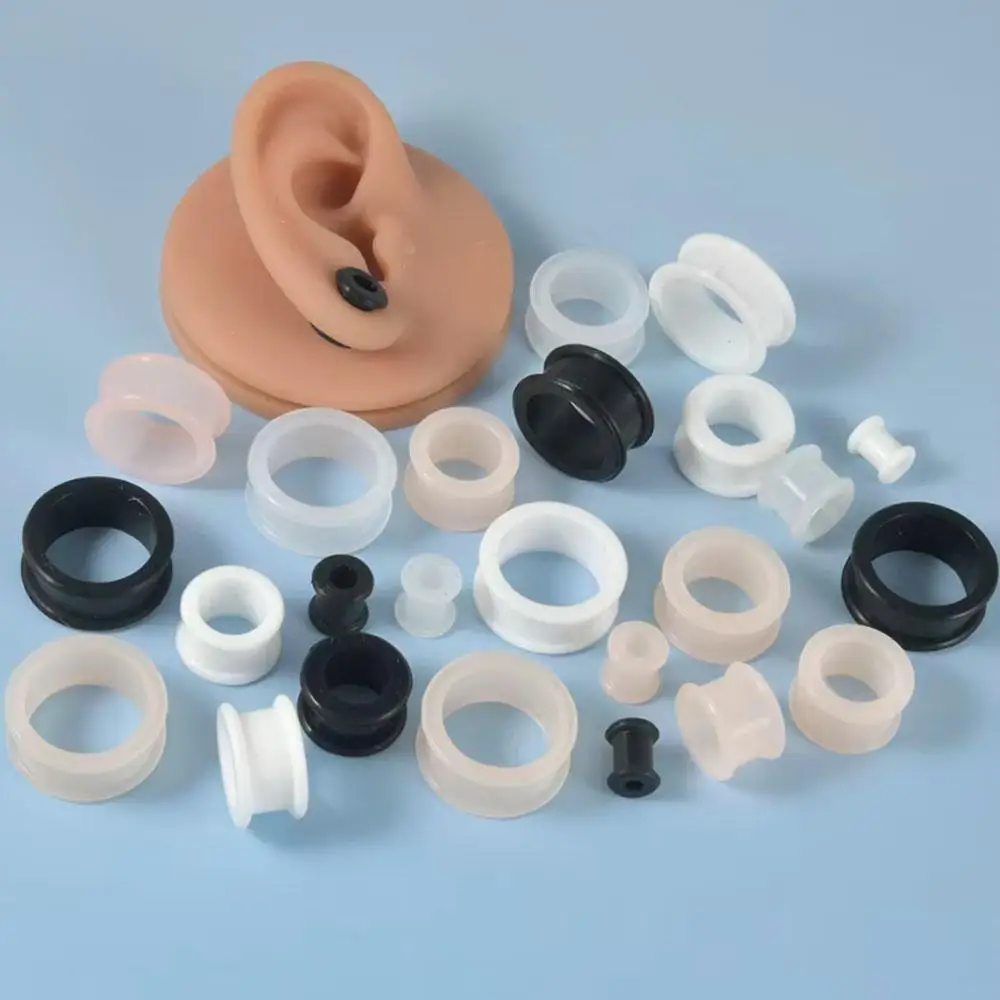 1Pair 3mm-48mm Big Size Hollow Black Silicone Flexible Double Flared Flesh Ear Tunnel Plugs Expander Stretchers Body Jewelry