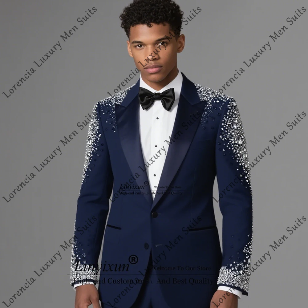 

Мужские костюмы с блестящими кристаллами, однобортные блестящие смокинги, вечерние наряды, пиджак, брюки по индивидуальному заказу, костюмы для мужчин