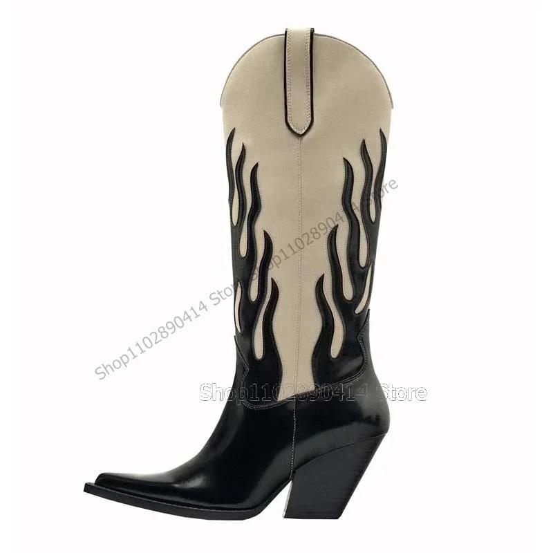 

Black Beige Totem Design Pointed Toe Boots Slip On Women Shoes Chunky High Heels Novel Fashion Banquet 2025 Zapatos Para Mujere