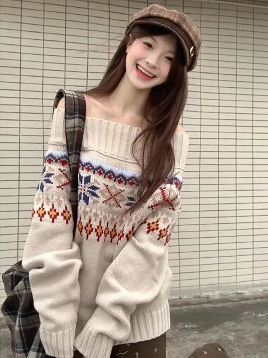 الرجعية معرض جزيرة متماسكة سترة المرأة فضفاضة كسول يشعر oulder كلمة واحدة الخريف الشتاء جديد Sle طويل Sve النقي على الانترنت Ss #3