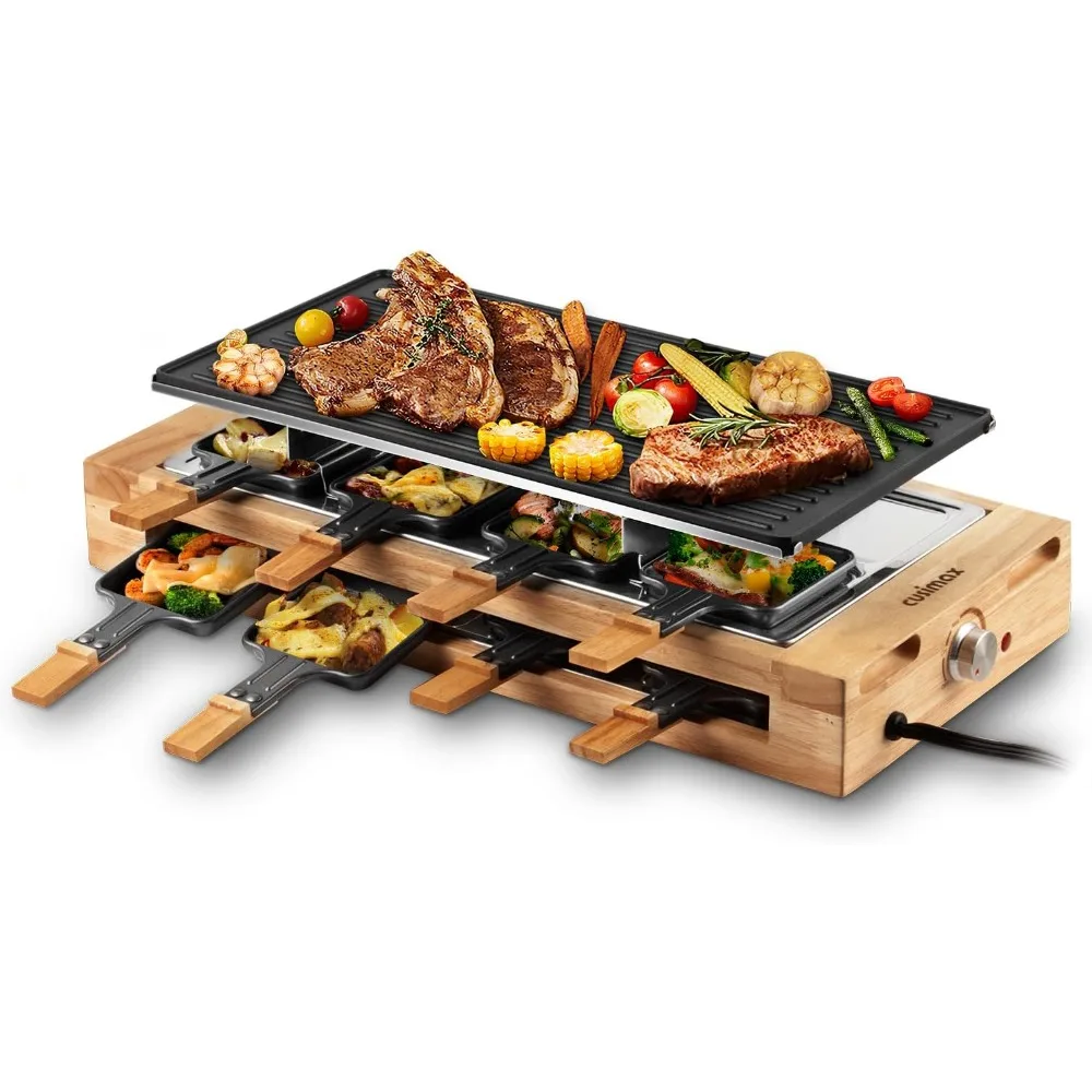 

Raclette Table Grill, 1500W Electric Grill Korean BBQ Grill with 2 in 1 Reversible Non-stick Plate/Wooden Base, Party Gri