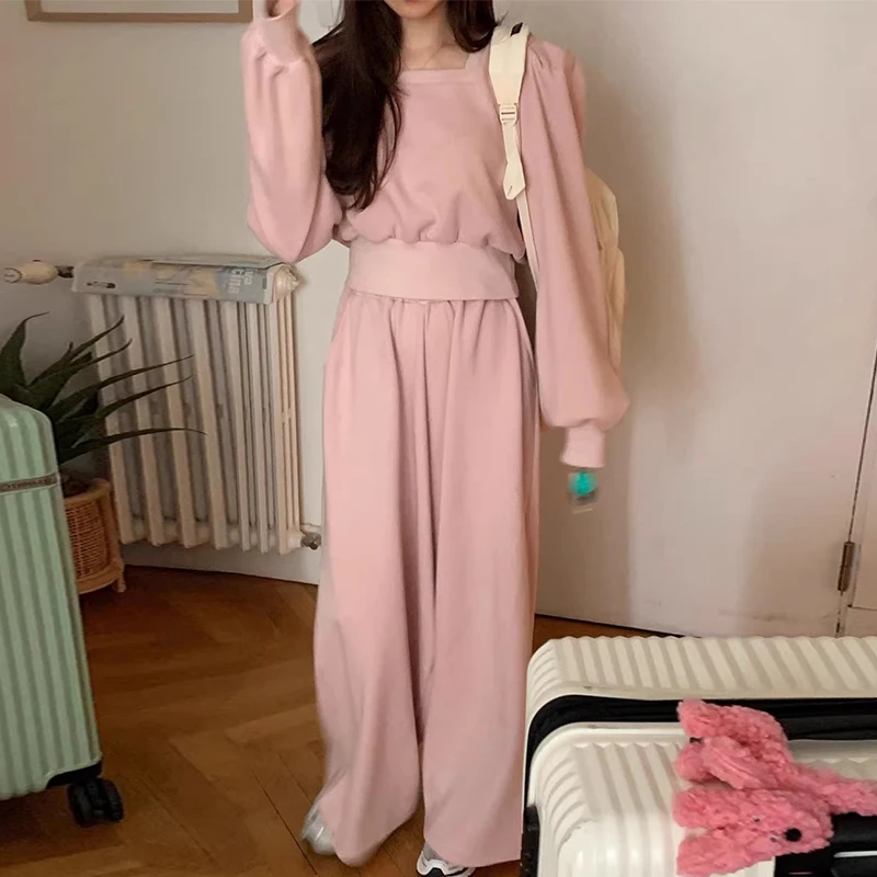 Chic Simple Spring Square Collar Loose Long Sve Sweatirt Elastic Waist Wide Leg Pants Set Faionable Ensemble