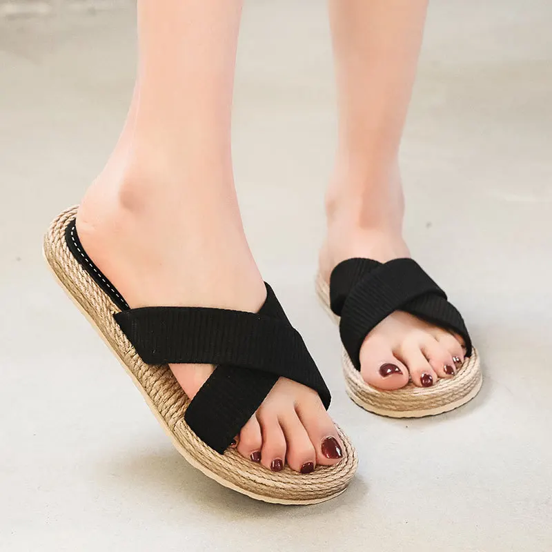 2022 Summer Cross Hemp Thong Platform Wedges Women Slippers Indoor Outdoor Beach Slides High Heels Basic Shoes for Women