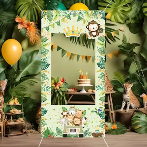 1 Jungle Safari animal birthday party photo background - with cartoon monkey, tiger and bear designs