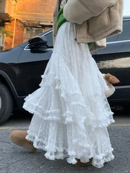 Korean Fashion White Ruffle Lace Skirt Women Fairycore Vintage High Waist Irregular Patchwork Midi Skirt Cute Streetwear Chic