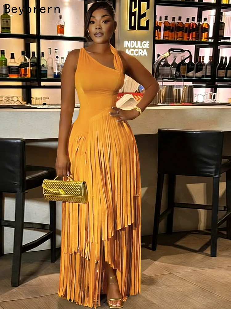 Beyprern Sexy Gelbes Maxikleid mit Quasten-Details für Damen Sommer Einfarbig 2026 Ärmelloses Langes Kleid Bodycon Vestidos Damenmode