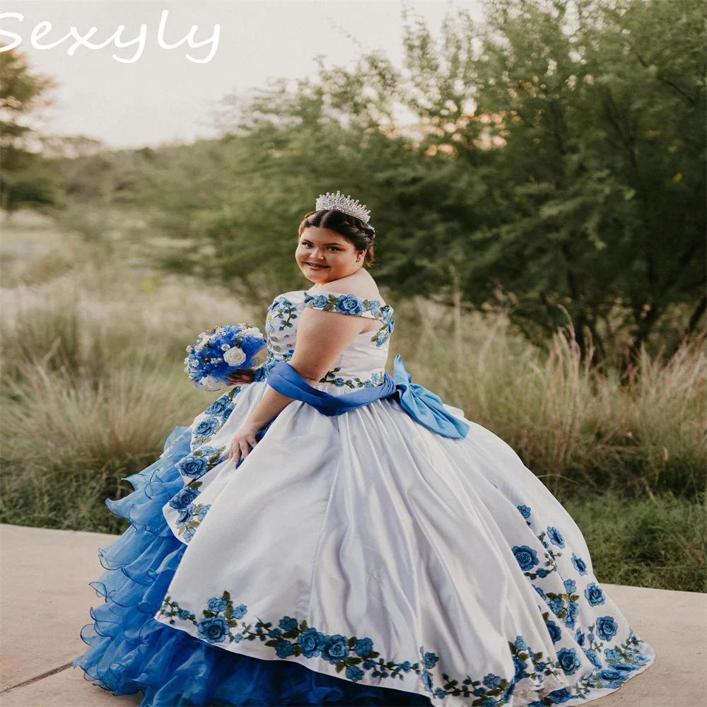 Mexican Charro Blue Quinceanera Dresses 2023 Plus Size Off Shoulders Puffy  Prom Dress With Bow Lace Up Tiered Ruffles Flower