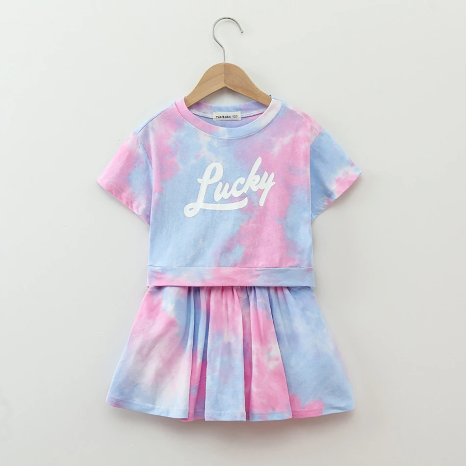 Girls Camouflage Summer Clothing Set Stylish Children Tie-Dye T Shirt and Lettering Bottom Skirt Shorts for an Active Lifestyle