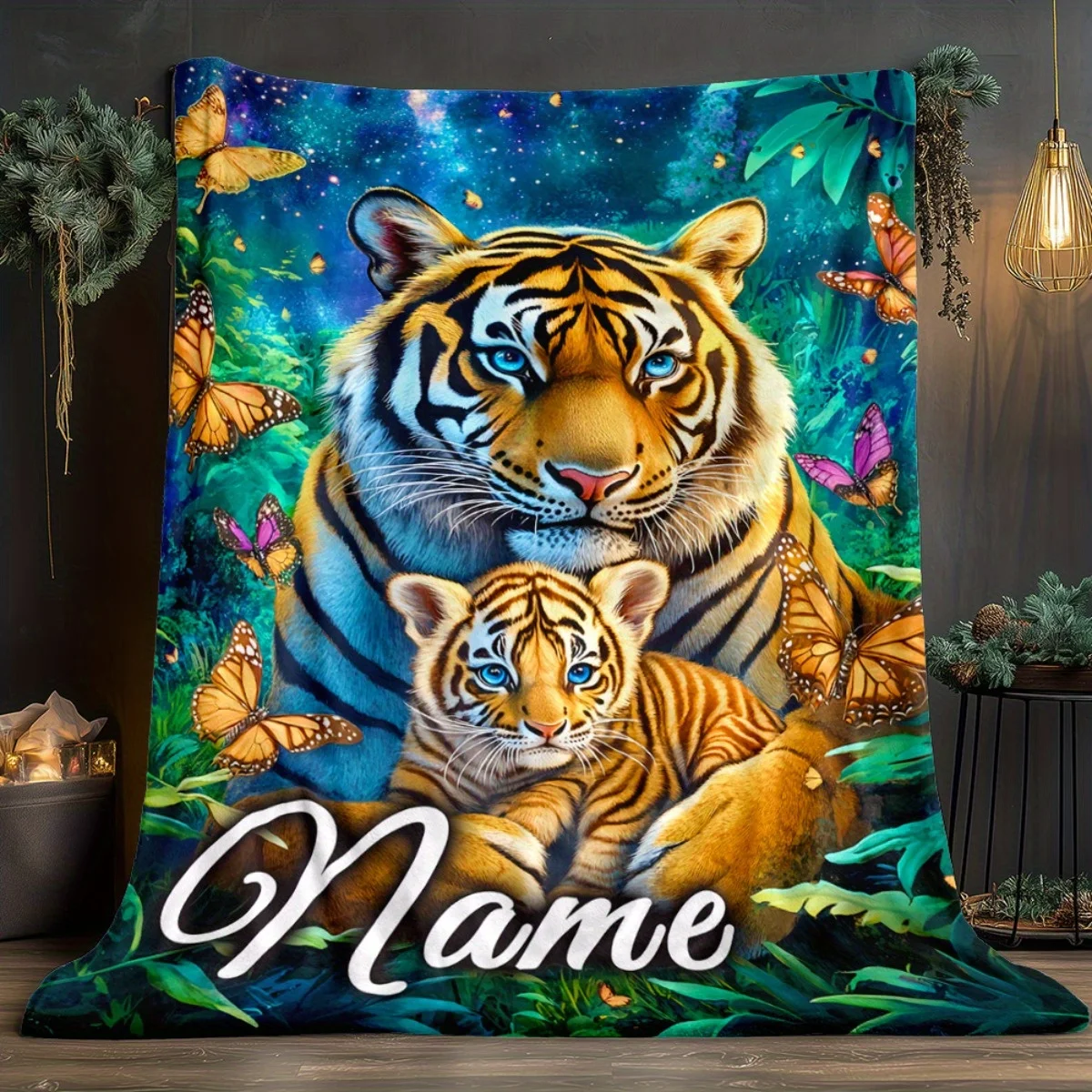 Custom Tiger & Cub Blanket Personalized Name Photo Fleece Throw All Season Soft Warm Bedding for Kids Adults Home Decor Gift