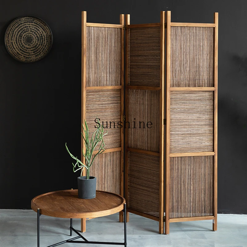 Living room partition folding mobile South East Asia teak palm hand woven screen