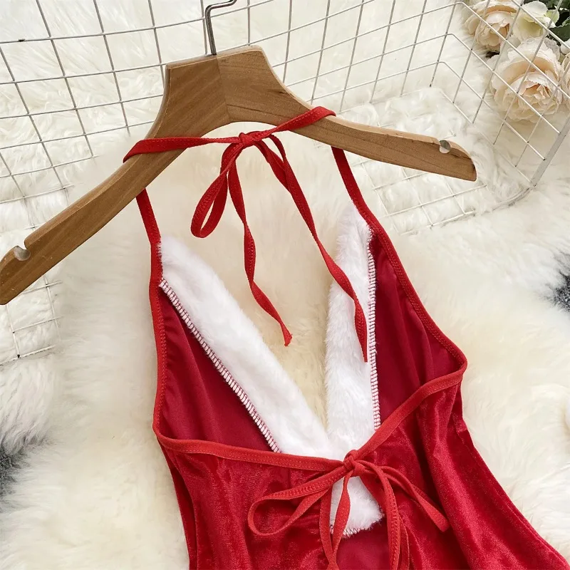 Women Sexy Christmas Cosplay Nightwear Playsuit Deep V Open Crotch Sheath Bodysuits Temptation Velvet Backless Rompers
