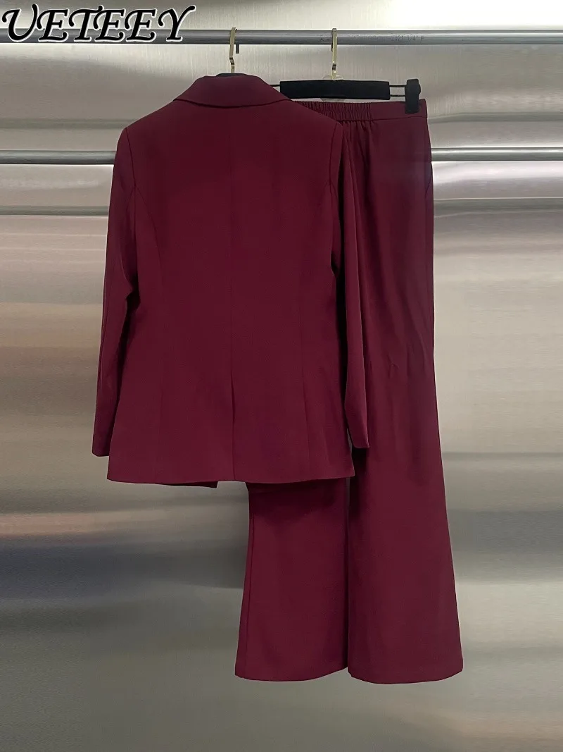 Conjunto de duas peças estilo francês para primavera e outono novo casaco blazer de peito único de alta qualidade e calças largas de cintura alta