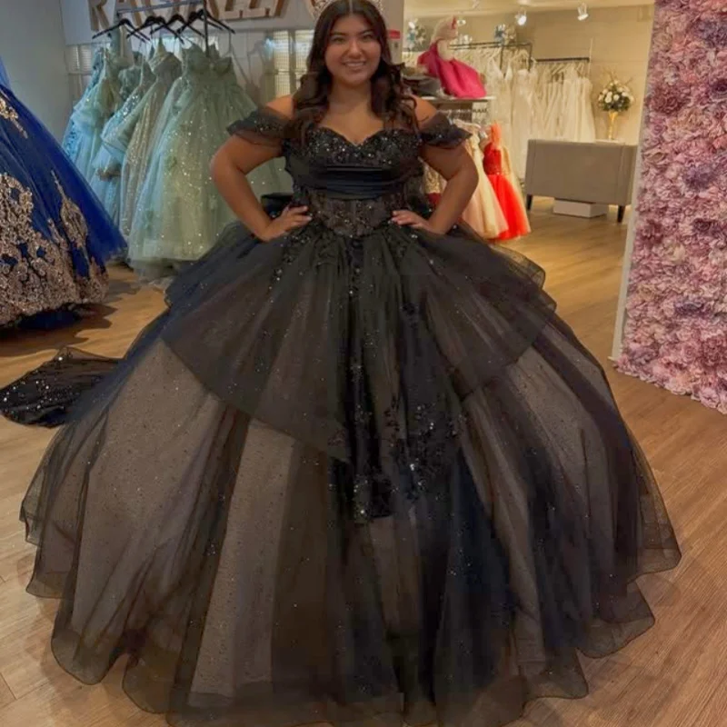 

Shiny black Quinceanera Dress off-shoulder glitter decal layering Long tail Big Bow vestidos de 15 Quinceanera ﻿Customize