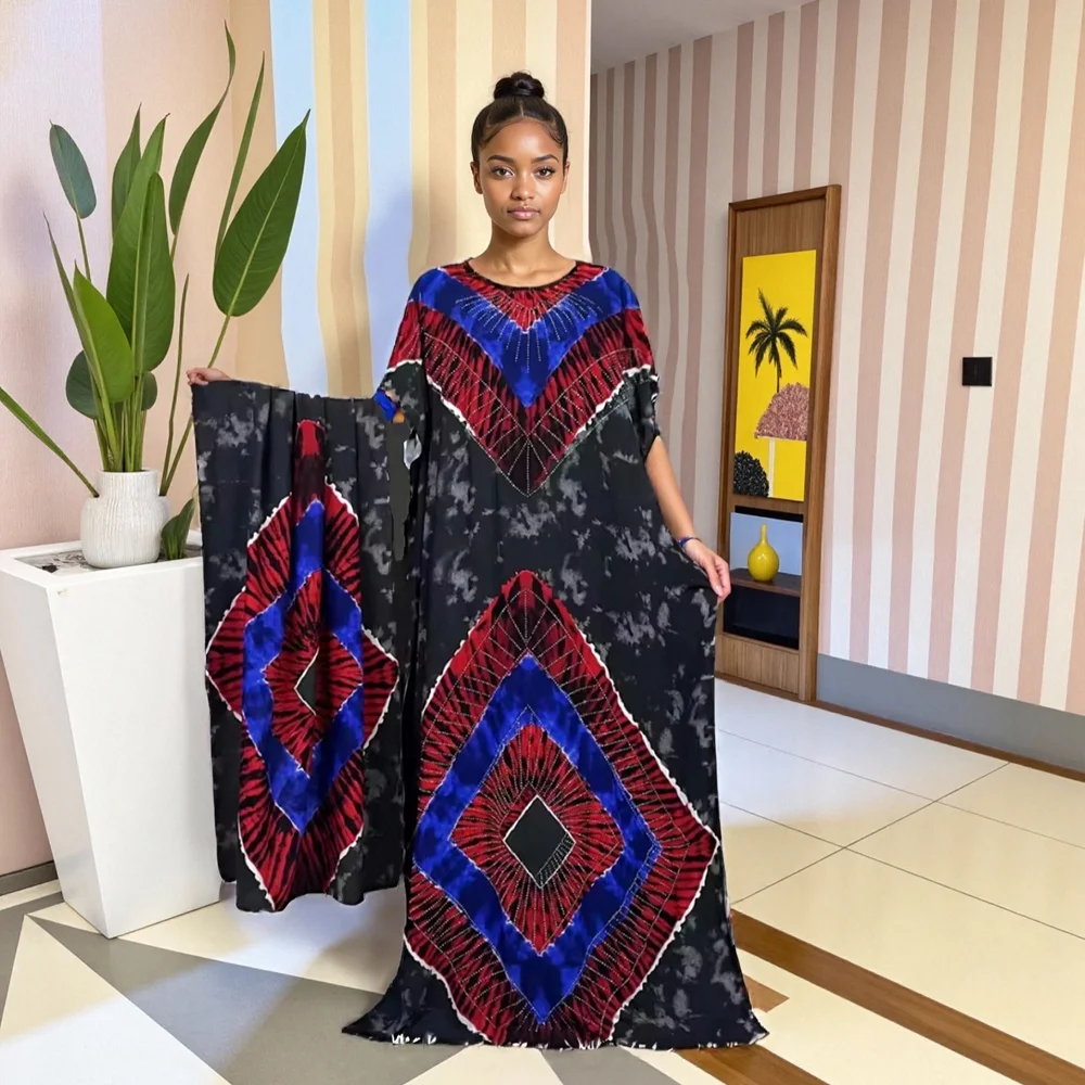 2025 модное свободное дышащее женское летнее хлопковое платье в стиле бриллиантов с вышивкой на груди ближневосточного африканского принта