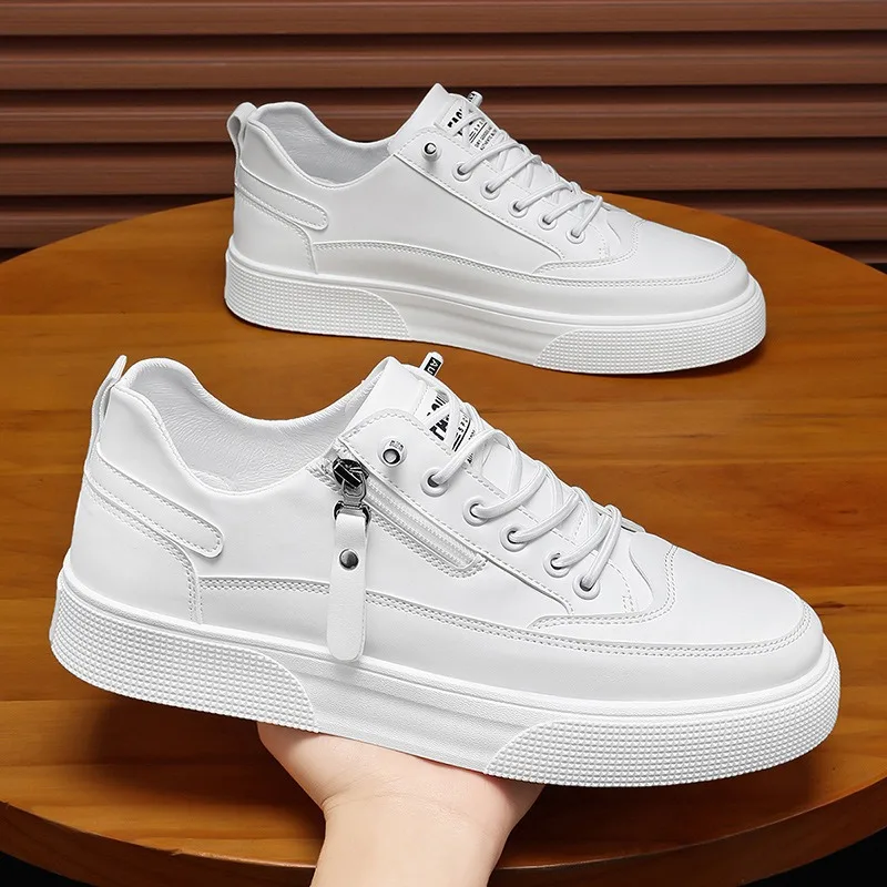 

Men Shoes Leather Platform Shoes Fashion Outdoor Breathable Casual Shoes Non-slip Flat Running Shoe Plus Size White Men Sneakers