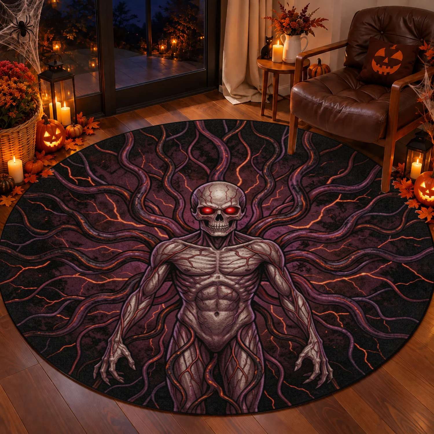 Skeleton Glowing Red Eyes Dark Vine Design Round Velvet Rug Machine Washable for Living Room Bedroom Entryway Dining Area Perfect for Halloween Thanksgiving Christmas New Year Seasonal Decor