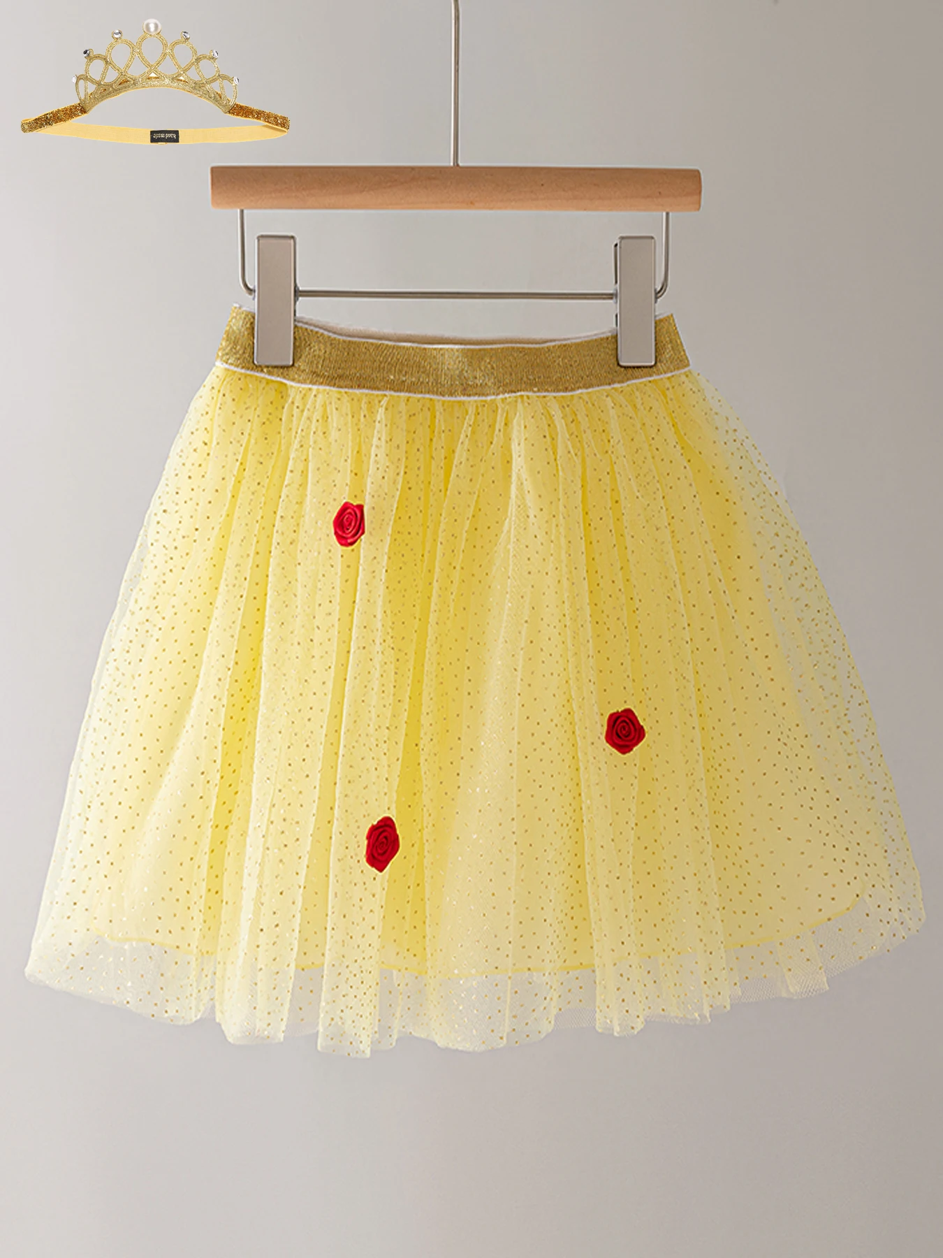 

Cute girls shiny mesh skirt/tutu with elastic waist, pleated hem, rose decoration, perfect for summer vacation and daily wear