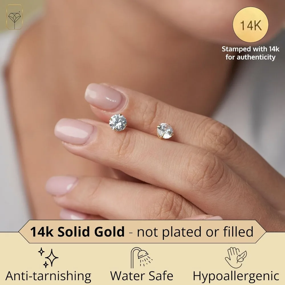أقراط سوليتير مكعبة الزركونيا المستديرة من الذهب عيار 14 قيراط - ترصيع للجنسين مع تشيكوسلوفاكيا المضادة للتشويه، أقراط متينة وأنيقة للنساء