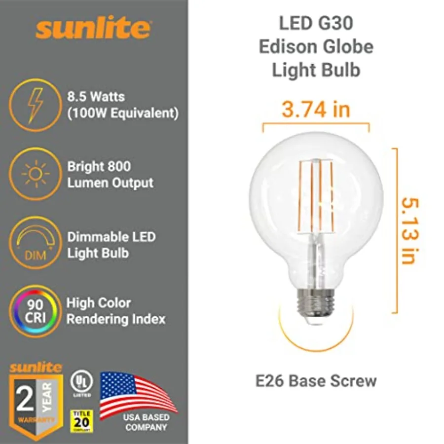 41697 LED Edison Globe Light Bulb, 8.5 Watts 100W Equivalent,Standard E26 Base, 800 Lumens, Dimmable, Decorative Clear Glass, A