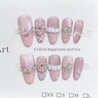 10Pcs Pink Cat Eye Almond Handmade Press on Nails Fake Nails with Rhinestone Design Wearable Stick-on Nails False Nail Uñas 네일팁