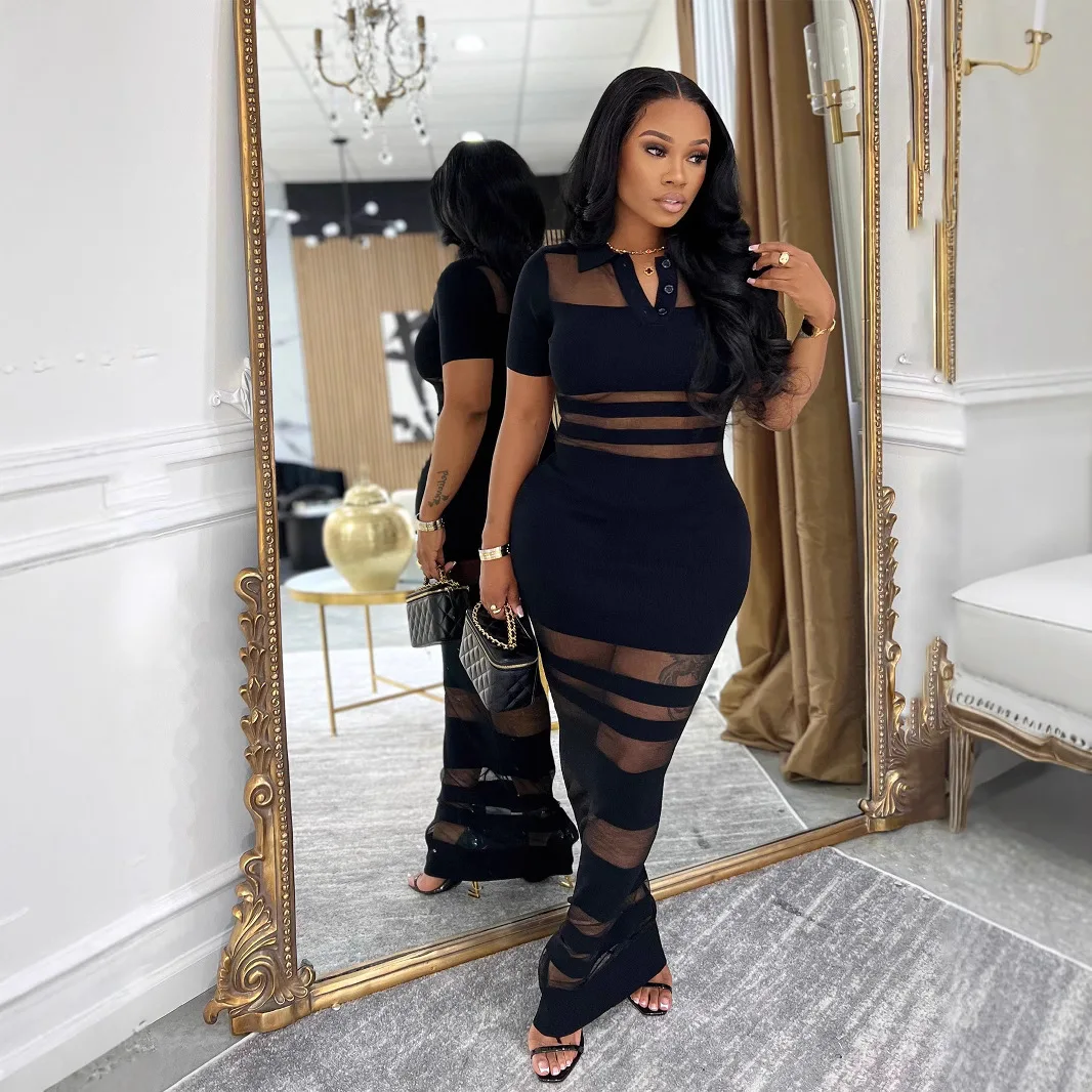 BWQ Abito lungo polo trasparente a righe trasparenti da donna Colletti rovesciati sexy Abiti da festa in gabbia Night Out Vestido Clubwear