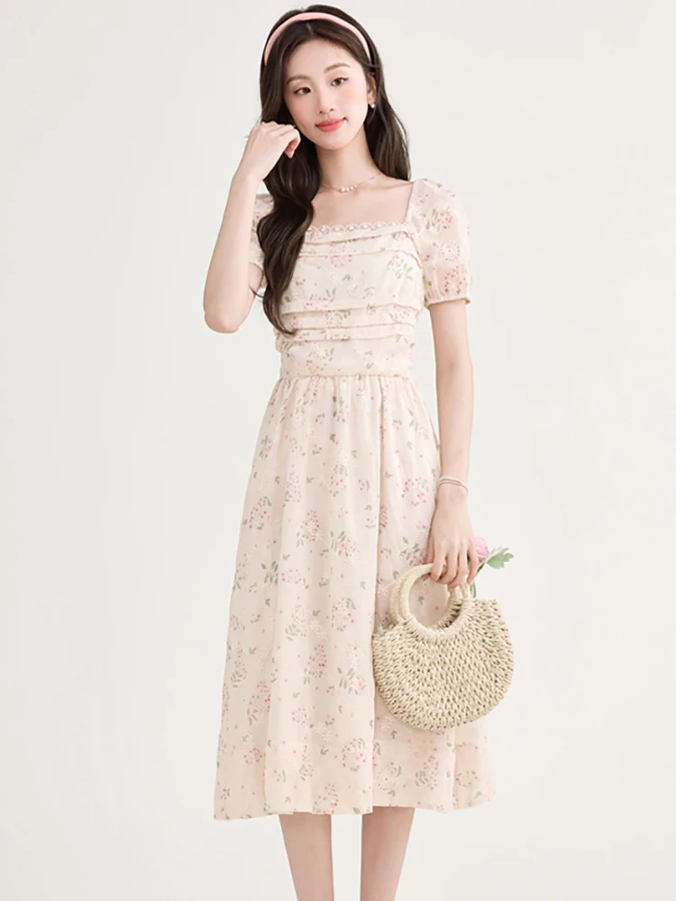 Women Pink Embroidery Floral Casual Long Dress 2025 New Short Sleeve Lace Square Collar Dress Summer Boho Elegant Holiday Dress