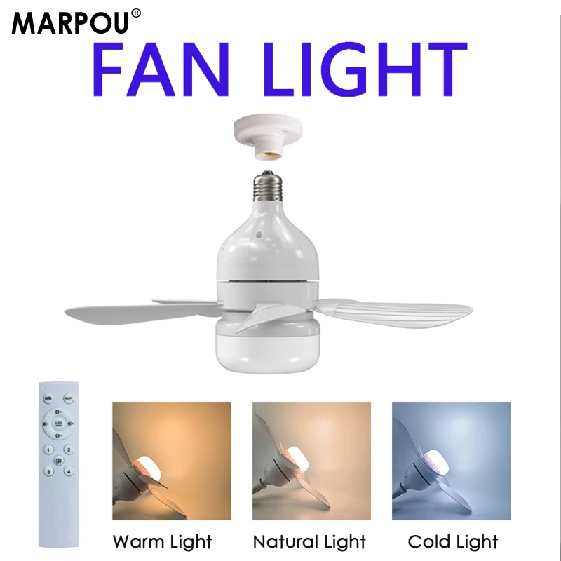 MARPOU LED 30W Socket Ceiling Fan with Light Screw Ceiling Fans with Lights with Remote uitable for living room bedroom kitchen