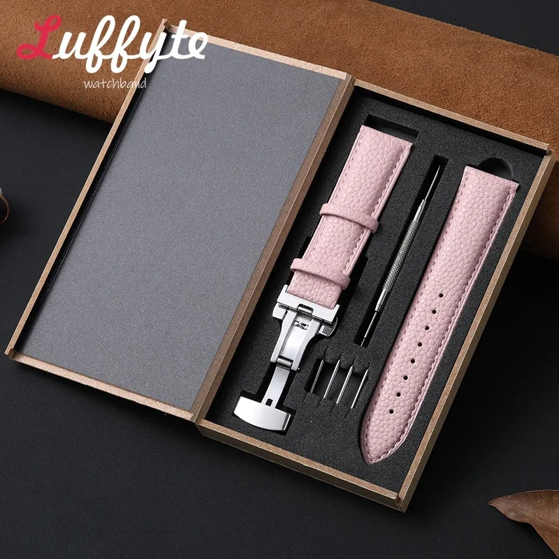 Business Butterfly Buckle Watch Accessories 18/20/22mm Universal Replacement Watch Band with Gift Packing Box Leather Watch Band