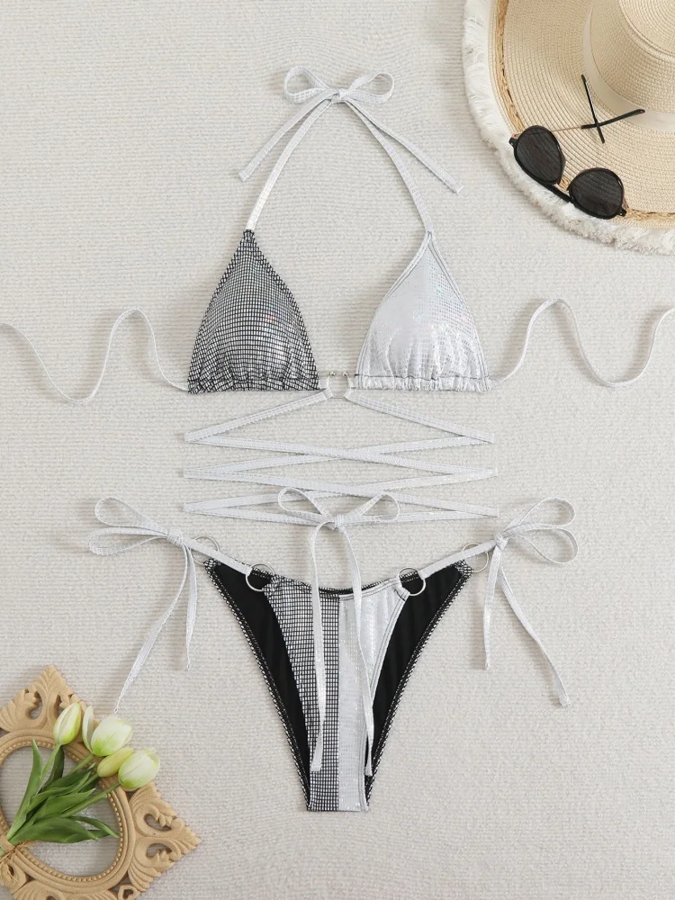 

Bikini Women Swimsuit 2025 New Plaid Glossy Surface Halter Bikinis Set Sexy Lace Up Swimwear Beachwear Bathing Suit For Female
