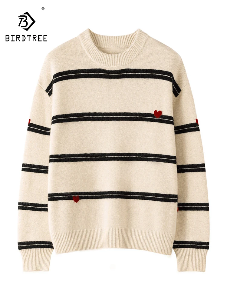 

BirdTree, 100%Pure Cashmere Elegant Sweaters, Women O Neck Striped, Casual Loose Thicken Sweater, 2024 Autumn Winter T48091QC