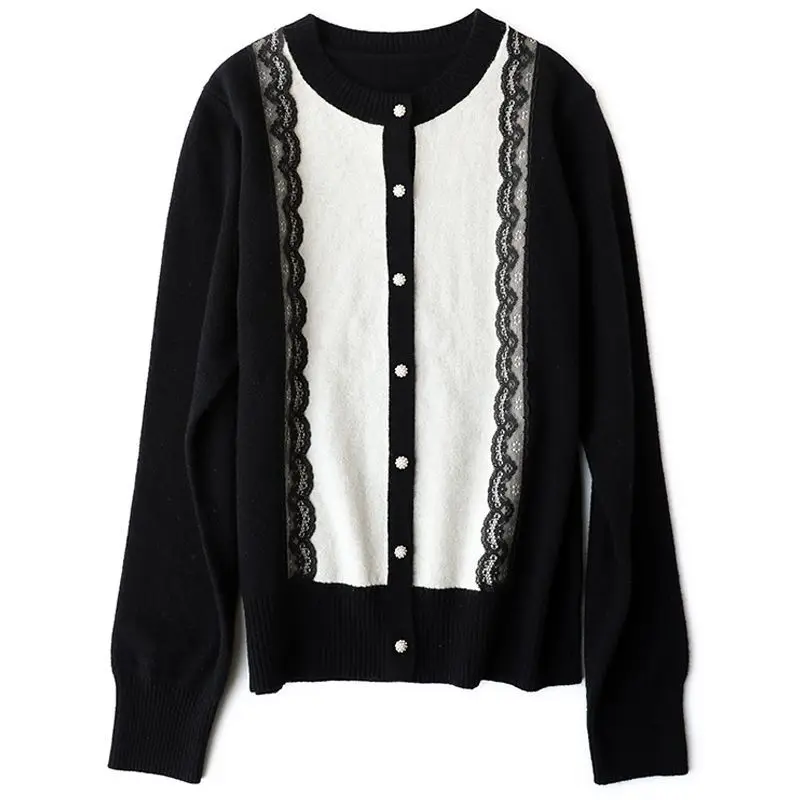 2023 Spring Autumn New Contrast Color Fashion Round Neck Long Sleeve Knitting Cardigan Women Button Lace Patchwork All-match Top