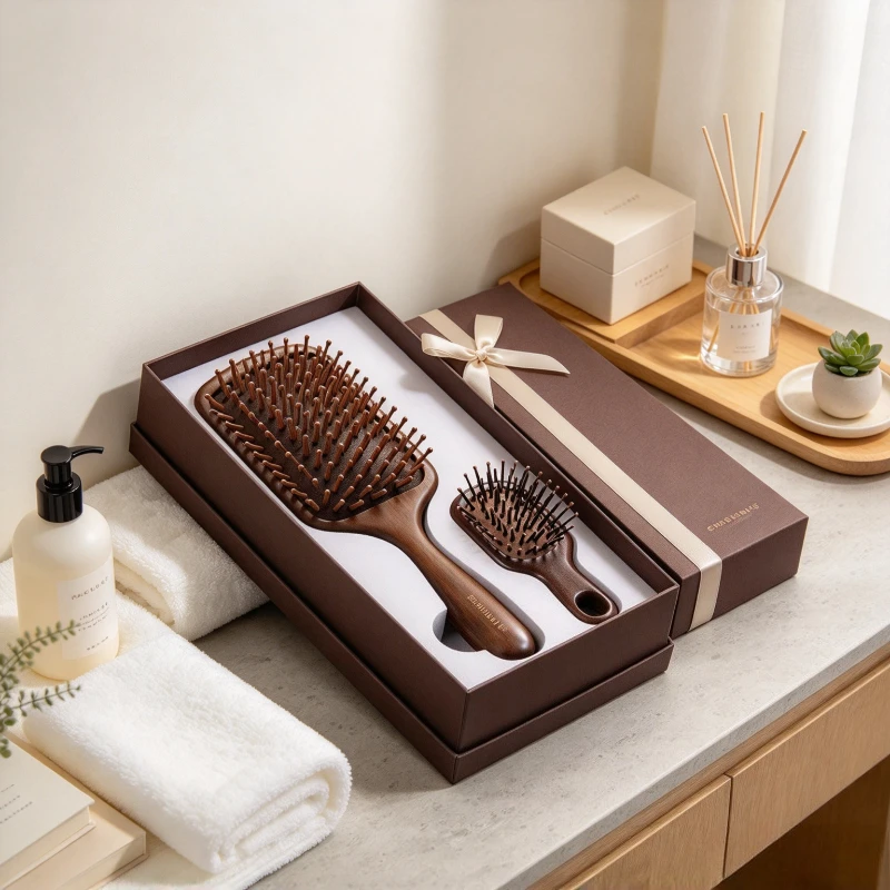 Wooden Cushion Hair Brush Rounded Teeth Scalp Massage Detangling Paddle Comb Gift Box for Women Daily Hair Care 우드 헤어 브러시