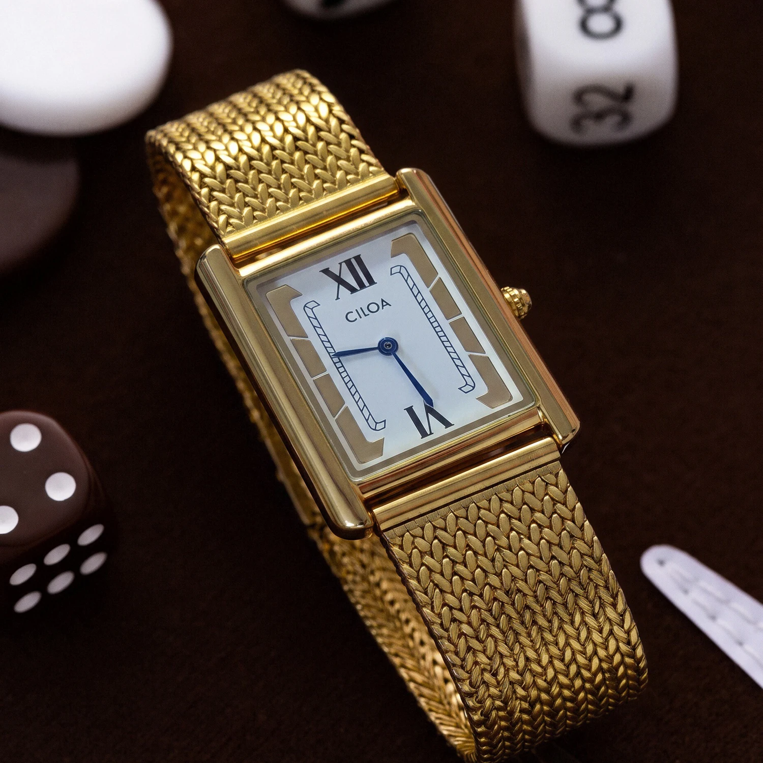 CILOA-Vintage Quartz Watch For Men Rectangle Tank Case Roman Numeral Dial Mesh Metal Strap Analog Wristwatch-572