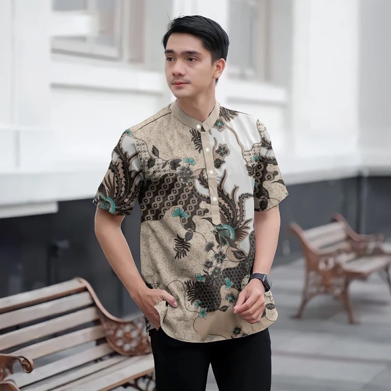 

Retro Flowers Pattern Grandpa Shirt For Men Leaves 3D Printed T-Shirts Summer Street Short Sleeve Tees Stand Collar Polo Shirts