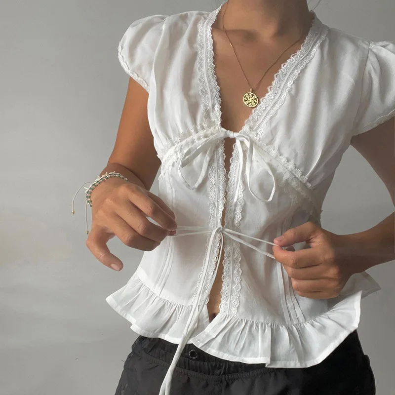 Y2K 하라주쿠 레이스 패치워크 레이스 트림 프론트 타이업 셔츠 여름 카와이 민소매 크롭탑 여성용 프레시 스윗 러플 엣지 탱크탑