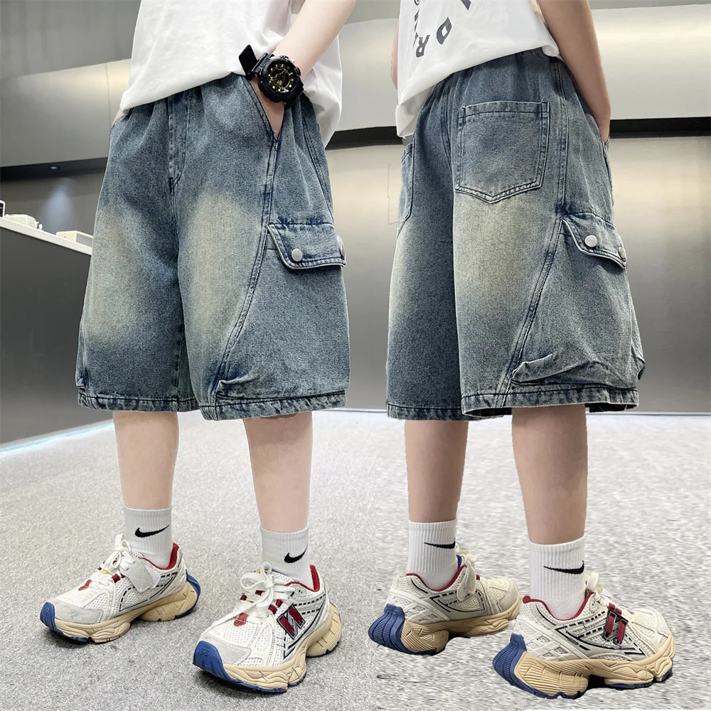 New Kids Designer Fashion Denim Shorts For Tween Boy Unique Style Loose Straight Knee Length Jeans Shorts Children Street Bottom