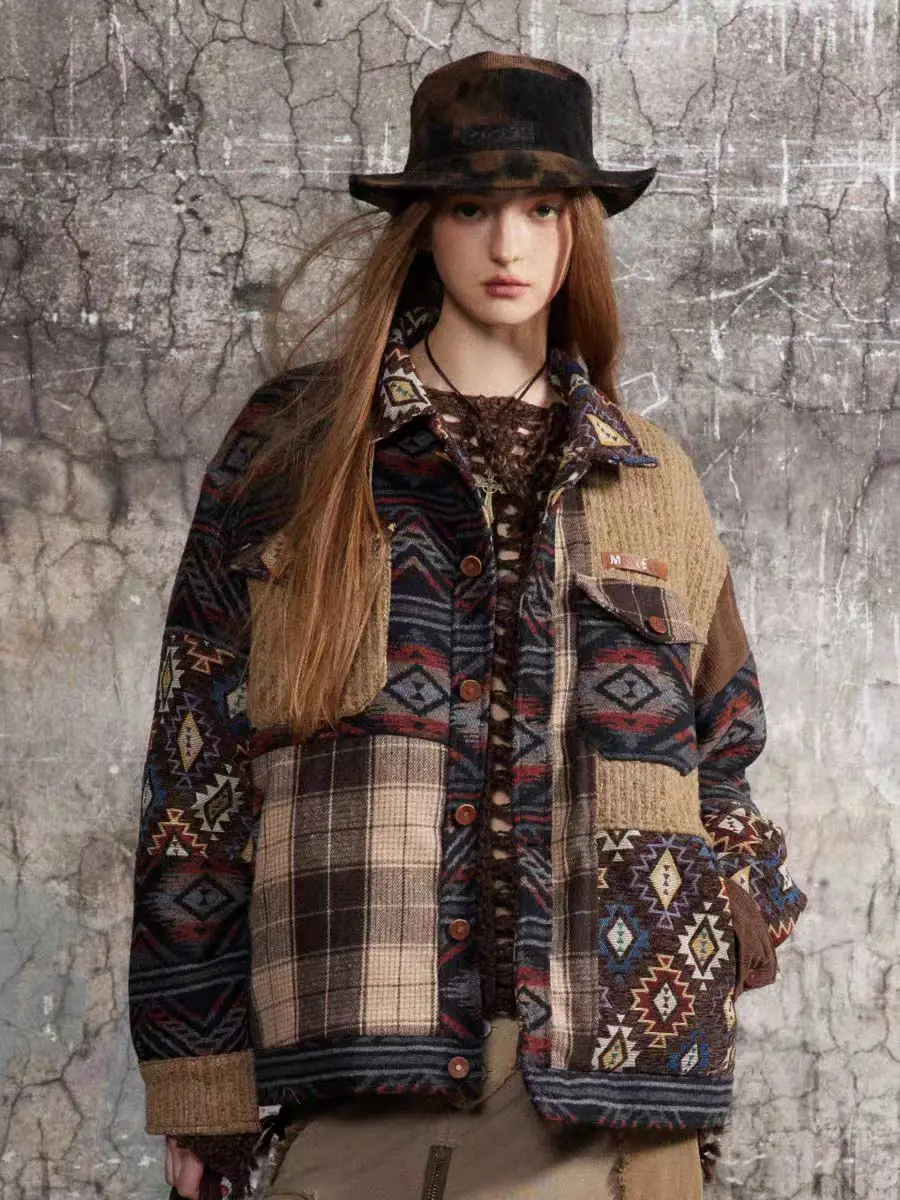 Chaquetas de gran tamaño con busto de 128-140cm para mujer, chaquetas holgadas informales de estilo étnico con empalme Retro americano, abrigos